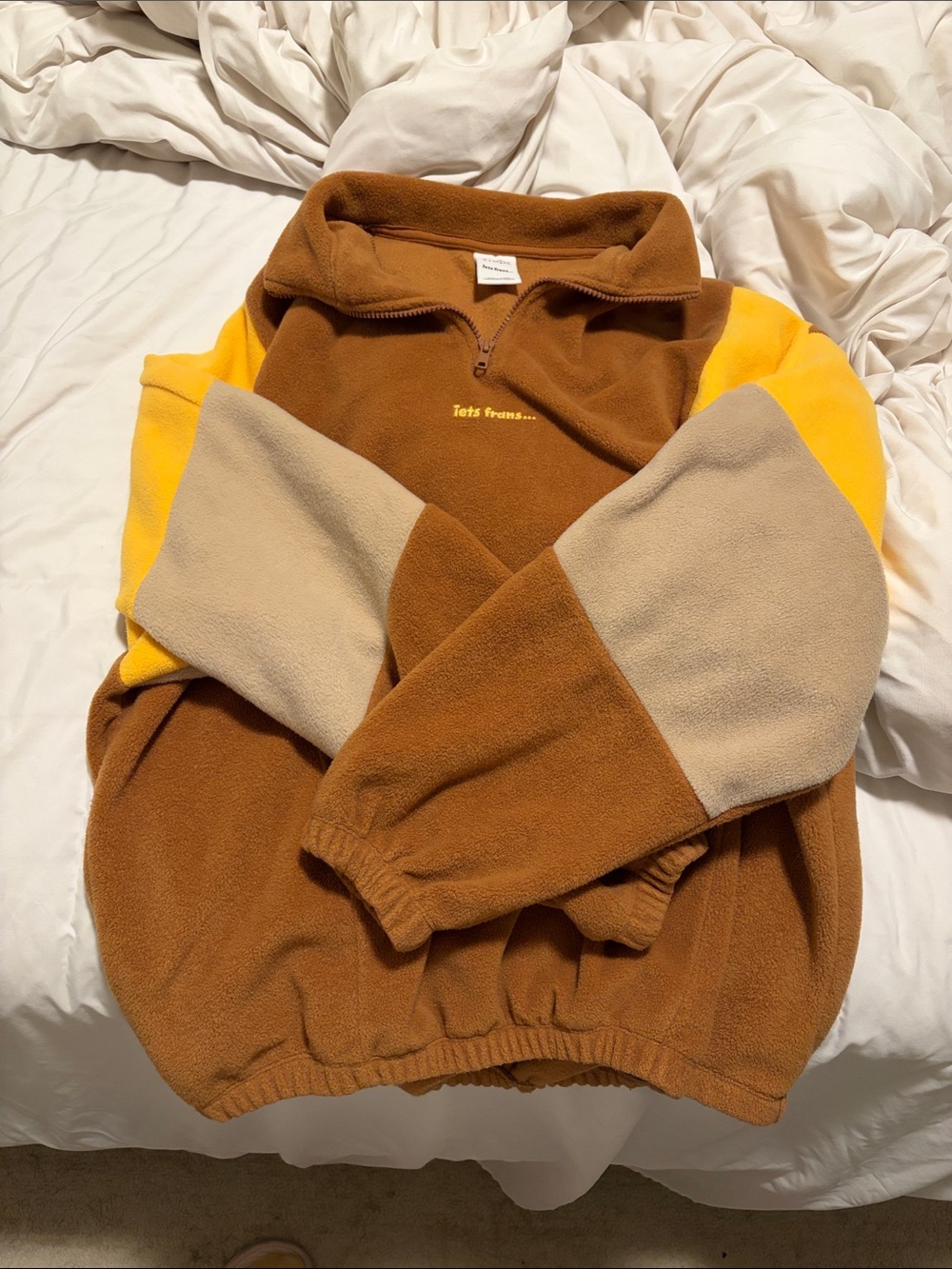 Colorblock Fleece Pullover Jacket - Brown/Beige/Yellow